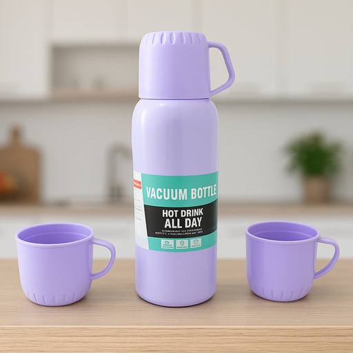 [5533_vacuum_flask_set_500ml] Vacuum Flask Set – Stainless Steel Thermos with 3 Cups, Approx 500ml