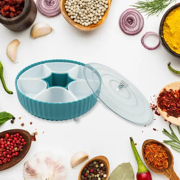 [5811_revolving_spice_box] Dry Fruit & Snack Organizer: 360° Revolving Box (7 Compartments, Airtight)