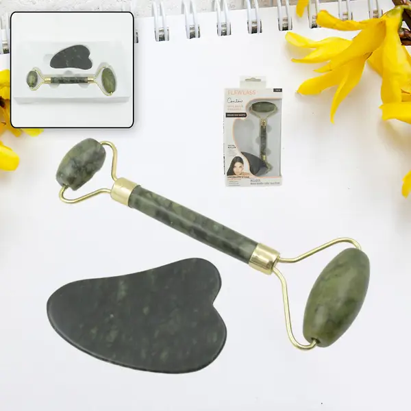 [0318_facial_roller_massager] Jade Roller & Gua Sha Set – Natural Face Massager for Anti-Aging, Glowing Skin & Face Shaping (1 Pc)