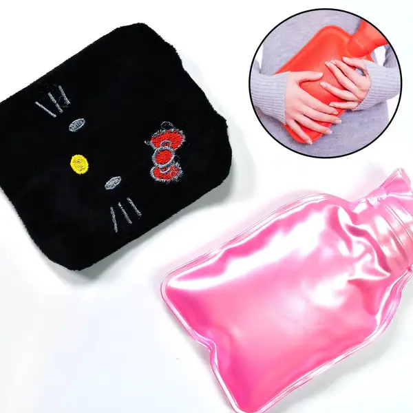 [6513_chb_b_hellokitty_waterbag] Black Hello Kitty Small Hot Water Bag with Cover – Pain Relief & Warmer