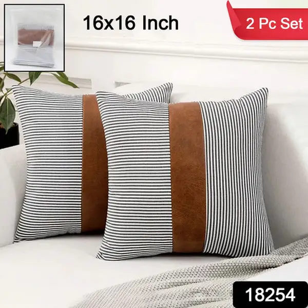[18254_pillow_cover_2pc_16x16_inch] Pillow Covers, leather & cotton Cushion Covers (16 × 16 Inch / 1 Pair / 2 Pc)