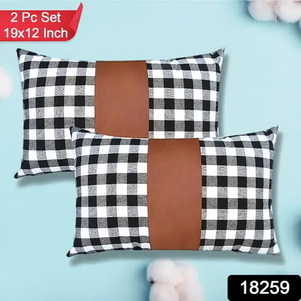 [18259_pillow_cover_2pc_19x12_inch] Pillow Covers, Leather & Cotton Cushion Covers (19 × 12 Inch / 1 Pair / 2 Pc)