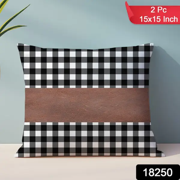 [18250_pillow_cover_2pc_15x15_inch] Pillow Covers, Leather & Cotton Cushion Covers (15 × 15 Inch / 1 Pair / 2 Pc)