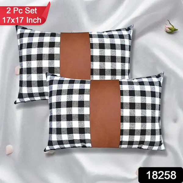 [18258_pillow_cover_2pc_17x17_inch] Pillow Covers, Leather & Cotton Cushion Covers (17 × 17 Inch / 1 Pair / 2 Pc)