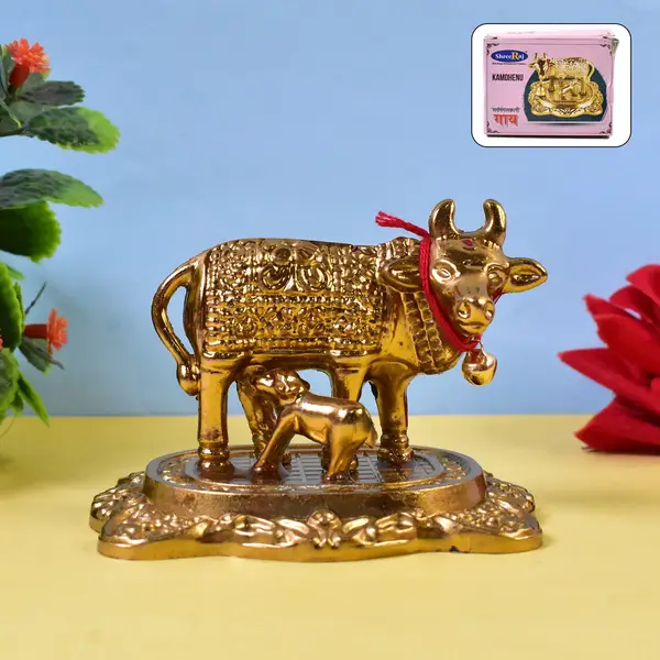 [4081_metal_golden_kamdhenu_cow_n_calf] Metal Golden Kamdhenu Cow with Calf (1 Pc)