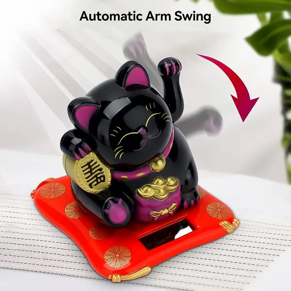 [18339_solar_power_beautiful_cat_statue] Solar Powered Happy Cat Beautiful with Arm Waves Wealth Cat (1 Pc / Mix Color)