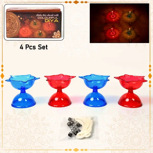 [13627_pla_colorful_reflection_diya_4pc] Colourful Reflection Diya Combo Plastic Candle Cup with Multi Shape (4 Pcs Set)