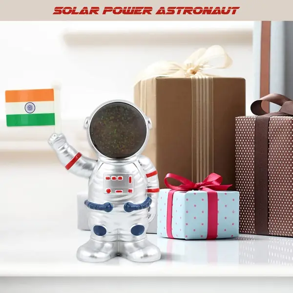[18315_solar_power_moving_astronaut] Solar Power Astronaut Ornament Moving Hand with Indian Flag (1 Pc)