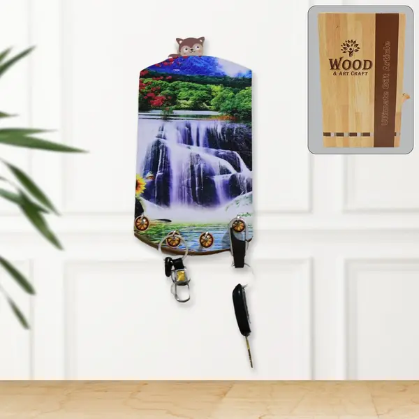 [1583_vertical_4hook_art] Decorative Wooden Vertical Scenery with Hooks for Wall Hanging