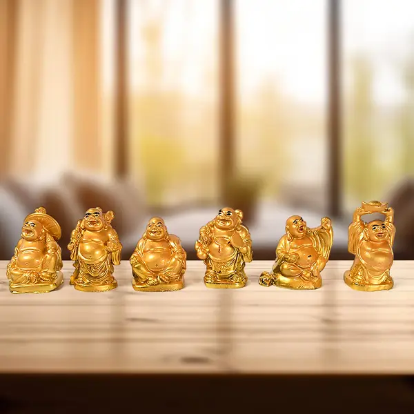 [17924_golden_laughing_buddha_6pc] Golden Laughing Buddha Set Of Six Pieces Statue For Happiness, Wealth & Good luck Decor For Wealth and Success (6 Pcs Set)