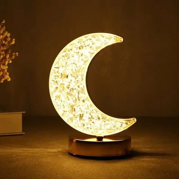 [12570_moon_crystal_table_lamp] Crystal Table Lamp | Moon Shape Touch Control Lamp with 3 Color | Metal Bedside Lamp for Kids Bedroom Romantic Desktop Nightstand | Stepless Dimming USB Charging Touch Night Light