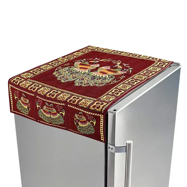 [8889_fridge_cover_100xx60cm] Cotton Fridge Top Cover Set - Standard, Appliance Covers Fridge Dustproof Cover with Peacock Deign 6 Utility Side Pockets Fridge Cover For All types Fridge Refrigerator Use (100x60CM)
