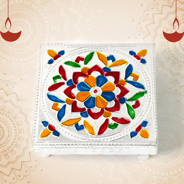 [2563_silver_bajot_1pc_set] 1 Pc Meenakari Wooden Chowki & Bajot Set: For Home & Office Puja (Multicolor)
