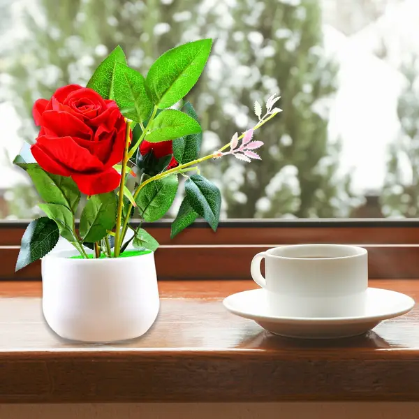 [4863_artificial_rose_with_pot] Artificial Rose Flower Plant With Pot, For Home Office Or Gift