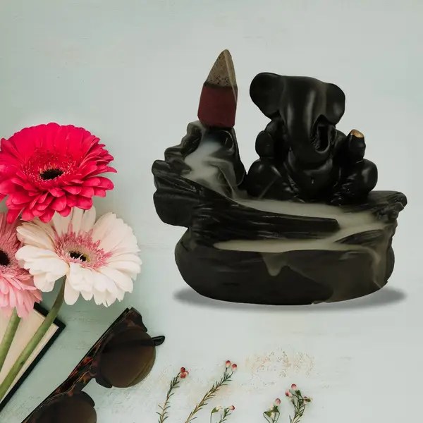 [13748_decor_ganesh_smoke_fountain_1pc] Smoke Fountain Ganesha Idol Decoration Items with 8 Pc Backflow Incense Cones Sticks (1 pc)