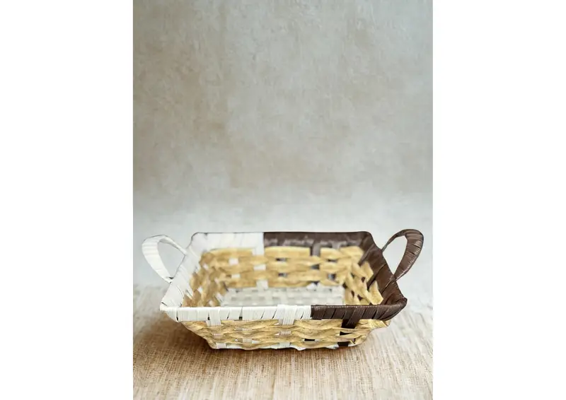 [911_square with handlegm  _gdwovenSquare_uquaredwoven_tone] Rustic Charm Handwoven Storage Basket – Dual-Tone Square with Handles