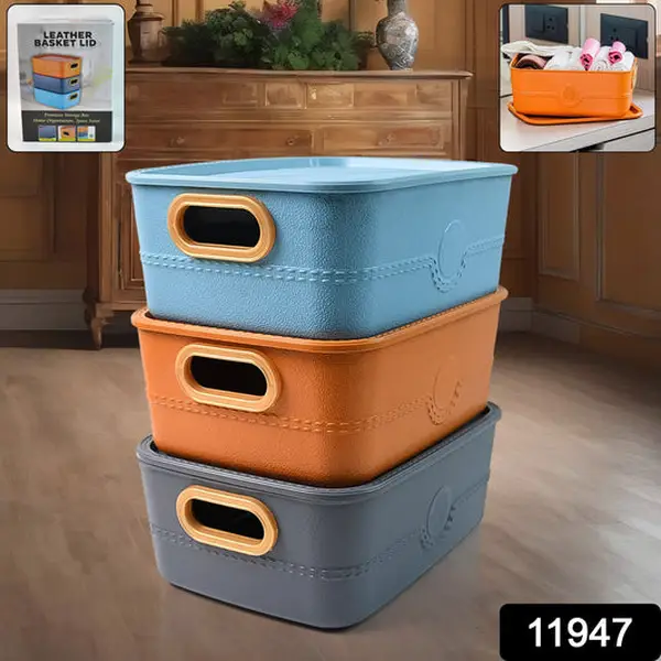 [11947_plastic_storage_basket_n_handle_3pc] 3-Piece Plastic Multipurpose Storage Basket Bin Set with Handle (3 Pcs Set)