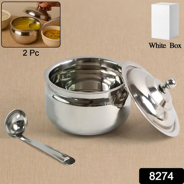 [8274_ss_ghee_pot_with_lid_n_spoon] Premium Stainless Steel Ghee Pot