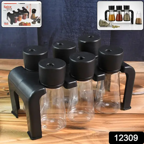 [12309_plastic_spice_jar_6pc_set] 6-Piece Plastic Spice Jar Set with Stand