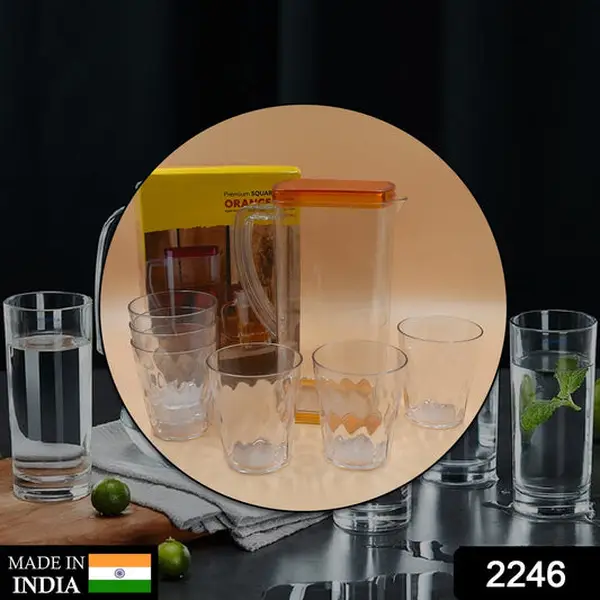 [2246_hexa_jug_n_glass_6pc] Resistant Glass Jug for Juice, Milk, Cold or Hot Beverages (plastic)