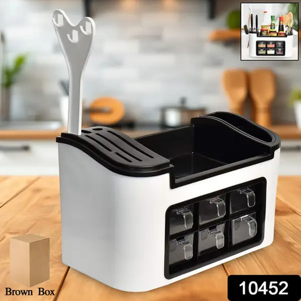 [10452_multi_kitchen_storage_organizer_rack] Multifunctional Kitchen Storage Organizer Rack with 6 Spice Containers, Knife & Spoon Holder, and Top Shelf