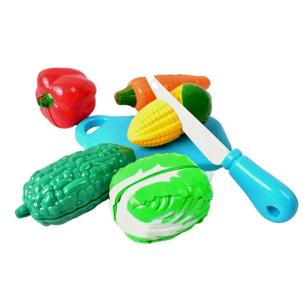 [1985_vegetable_toy_set_at75] Realistic slice-able fruits and vegetables cut in 2 part play toy set