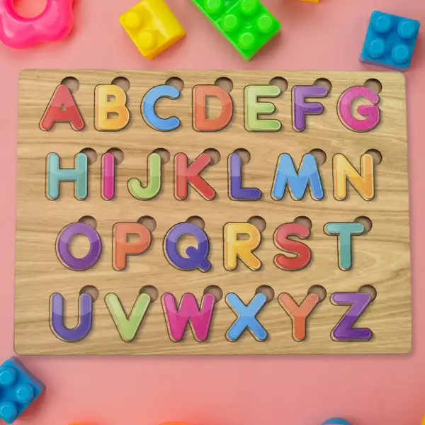 [18476_abcd_wooden_puzzle_pz1014] Wooden Puzzle Board ABC Letters Shapes Educational Learning Toys (1 Set)