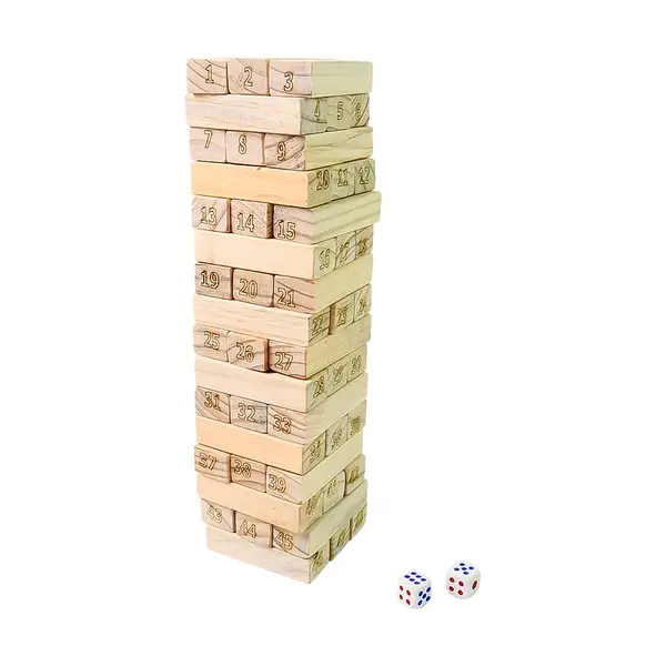 [18742_wooden_tumbling_tower_block_48pc] Wooden Tumbling Stacking Tower Game, Zenga tower (48 Pcs Blocks 2 Dices)