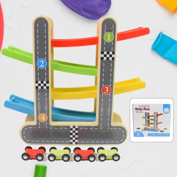 [18787_wooden_ramp_race_track_car_toy] Car Racer Track Play set Wooden Click Clack Toys With 4 Mini Racers (1 Set)