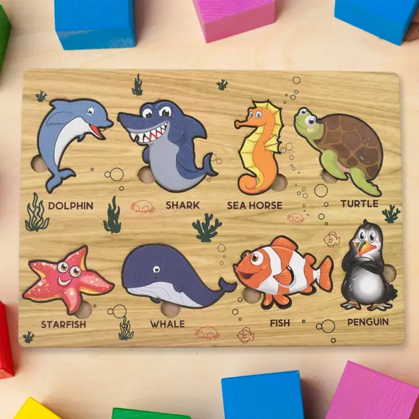 [18477_sea_animal_wooden_puzzle_pz1025] Seawater Animal Wooden Puzzle Learning Educational Board (1 Set)
