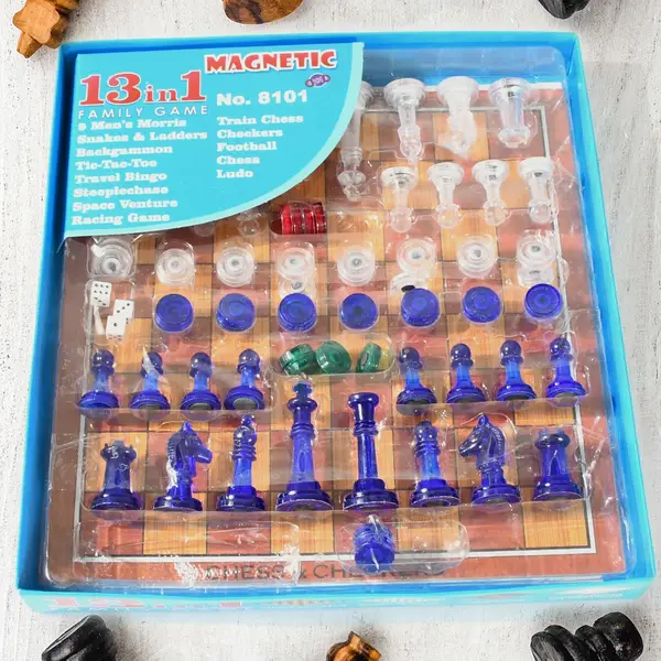 [17669_13in1_family_board_game] 13 in 1 Family Board Game Chess, Snakes & Ladders, Ludo, Tic-Tac-Toe, Checkers, Travel Bingo, Football, Space Venture, Steeplechase Set for Kids