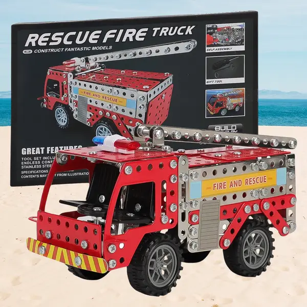 [18437_engineering_metal_fire_truck_toy] Metal DIY Fire Truck Building Blocks for Kids (Fire Truck / 292pcs of truck tool / 1 Set)