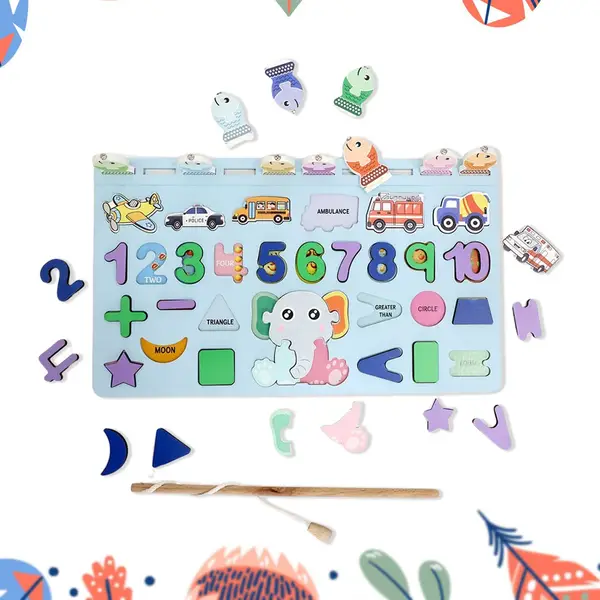 [1988_wooden_magnetic_puzzle_at200] Wooden Number Puzzle Match Board and magnetic rod