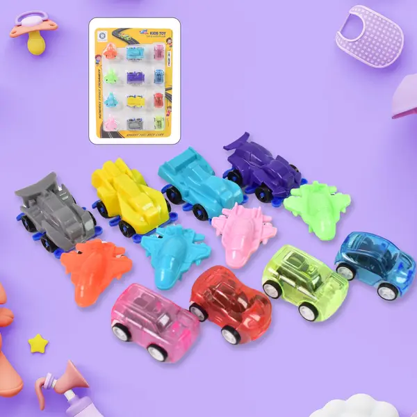 [18626_pull_back_car_plane_toy_12pc_at93] Mini Pull Back Car & Aeroplane Plastic Pull Back Car Cartoon Toys (12 Pcs Set)