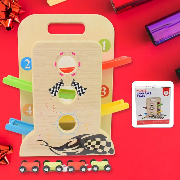 [18786_wooden_ramp_race_track_car_n_handle] Wooden Ramp Racer Race Track Vehicle Play sets With 4 Mini Racers (with Handle)