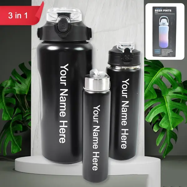 [DSIN 13945] Customized / Personalized 3 In 1 Stainless Steel Insulated Water Bottle, Double Wall Vacuum (3 Pcs Set / Different Size)