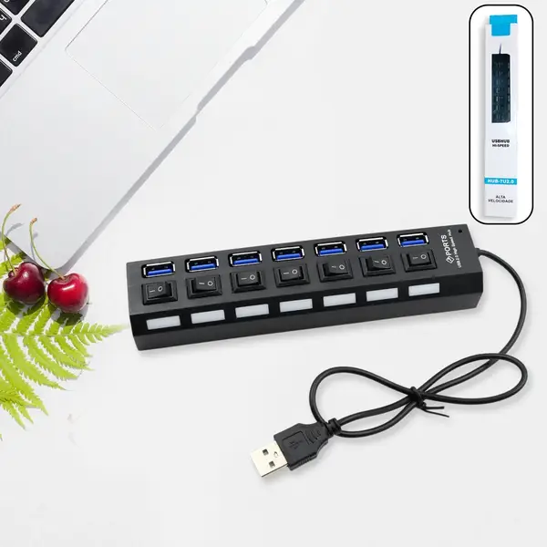 [6994_usb_7port_data_hub] USB Splitter Multi Port USB 2.0 Hub, 7 Port with Independent On/Off Switch and LED Indicators USB A Port Data Hub, Suitable for PC Computer Keyboard Laptop Mobile HDD, Flash Drive  Etc
