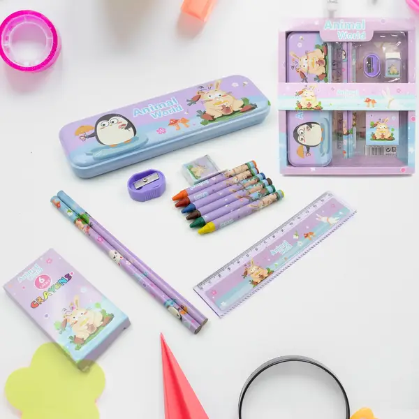[3294_school_supply_set_12pc] Stationery Kit for Kids - Metal Pencil Box, Sharpener, Pencil & Eraser (12 Pc Set)