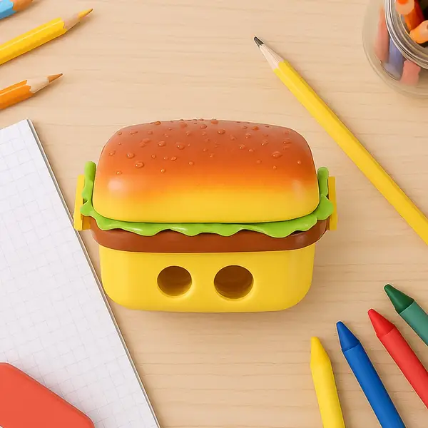 [18924_burger_shape_sharpener_with_eraser] Plastic Burger Shape Small Size Double Hole Sharpener With Eraser (1 Set)