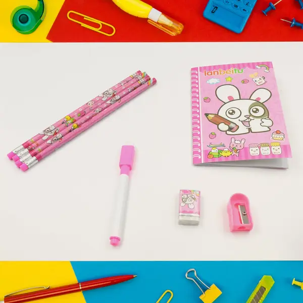 [4299_school_supply_set_8pc] Kids' Stationery Kit: Wooden Pencils, Sharpener, Eraser, Diary (8 Pc Set)
