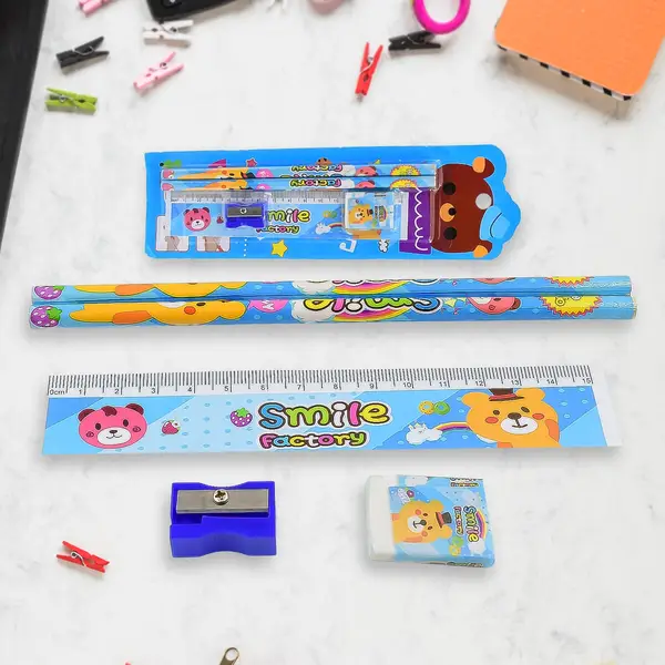 [4580_5pc_school_set] Cartoon Wooden Pencil Set for Kids Boys Return Gifts Birthday Party Space Stationary Set Pencil Eraser Sharpener Combo Kit for Kids Boys (Mix Color / 1 Set)
