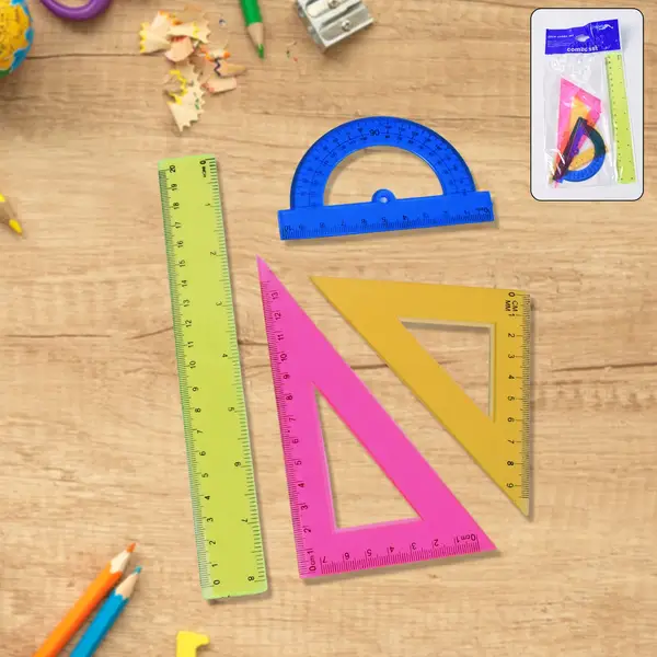 [18930_plastic_geometry_4pc_set] 4-Piece Geometry Set, Triangle Ruler Protractor Straight Ruler