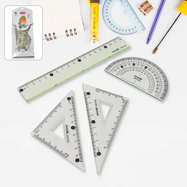 [18972_plastic_geometry_4pc_set] 4-Piece Geometry Set, Triangle Ruler Protractor Straight Ruler