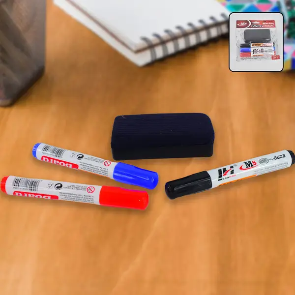 [8936_whiteboard_marker_n_duster_4pc] Whiteboard Marker Set (Blue, Black, Red) with Board Duster - Pack of 4