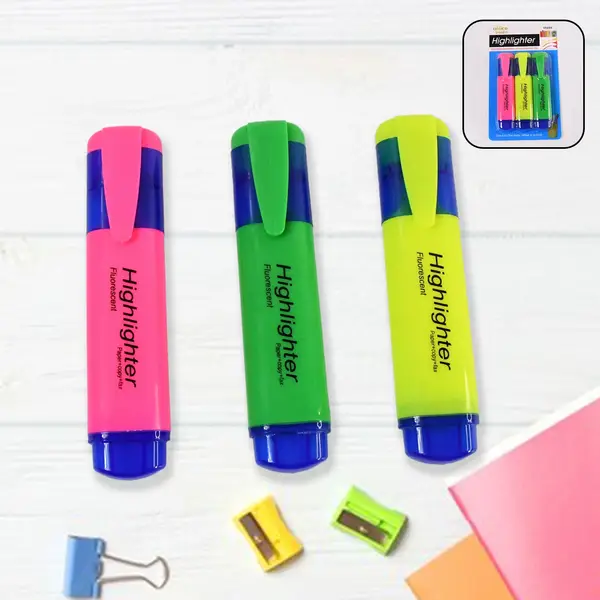 [8911_3in1_highlighter_marker_pen] Highlighter Pen, Assorted Colours Water Based Broad Tip Writing Marker (3 Pcs Set)