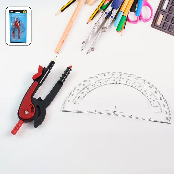 [19071_school_geometry_tools_2pc] 2 Pc Geometry Set – Built-in Pencil Grip + Transparent Plastic Protractor – School Geometry Tools Kit