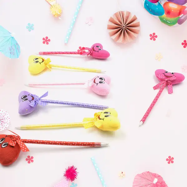 [4292_mix_design_fancy_pen_12pc] Cute Cartoon Shape & Heart Design Facy Writting Pen Attached Rattle | Ball Pen Smooth Writing For Wedding , Events & Multiuse Pen  Best Pen l Use for Kids (12 Pcs Set Mix Design & Color)