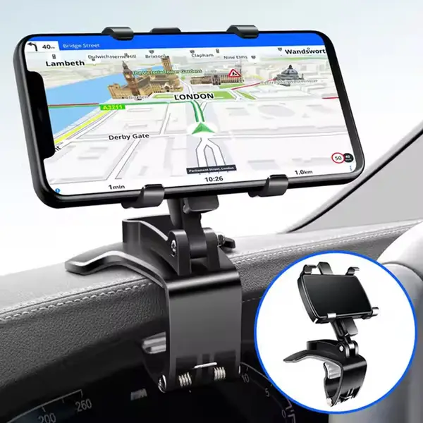 [6948_clip_mount_mobile_holder] Car Phone Holder Clip Mount 360 Degree Rotation Dashboard Rear View Mirror Sun Visor Smartphone HUD Navigation Fold Stand Plastic Black Compatible For All Smart Phones