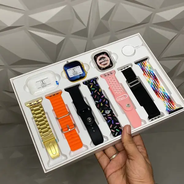 [20010_10in1_smart_watch_n_earphones] 10 in 1 Set Ultra 2 Smart Bluetooth Calling Smart watch + Earphones with Transparent Screen Guard Watch with Seven Classic Straps (Mix Color)