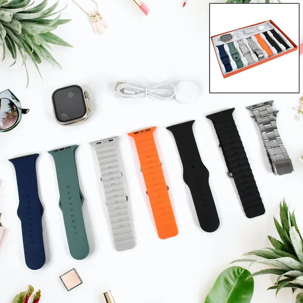 [20011_7in1_straps_smart_watch_combo] 7 in 1 Ultra Smart watch Combo with Seven Classic Straps & Transparent Screen Guard (1 Set / Mix Color)